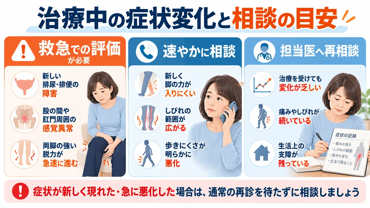 坐骨神経痛の治療中に生じた症状の変化について、救急での評価、速やかな医療相談、担当医への再相談という3つの相談目安を示した図解。