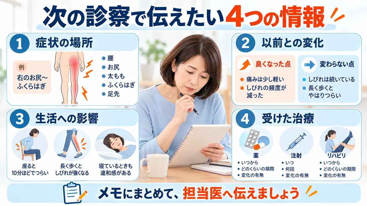 坐骨神経痛で医師へ再相談する際に伝えたい、症状の場所、以前との変化、日常生活への影響、受けた治療とその経過を4項目で示した図解。