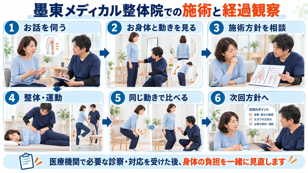 墨東メディカル整体院で医療機関の診察・対応後に、症状の経過を聞き、姿勢や動きを見て、施術方針を相談し、必要な整体・運動と施術後の変化を次回の方針につなげる6段階の流れ。