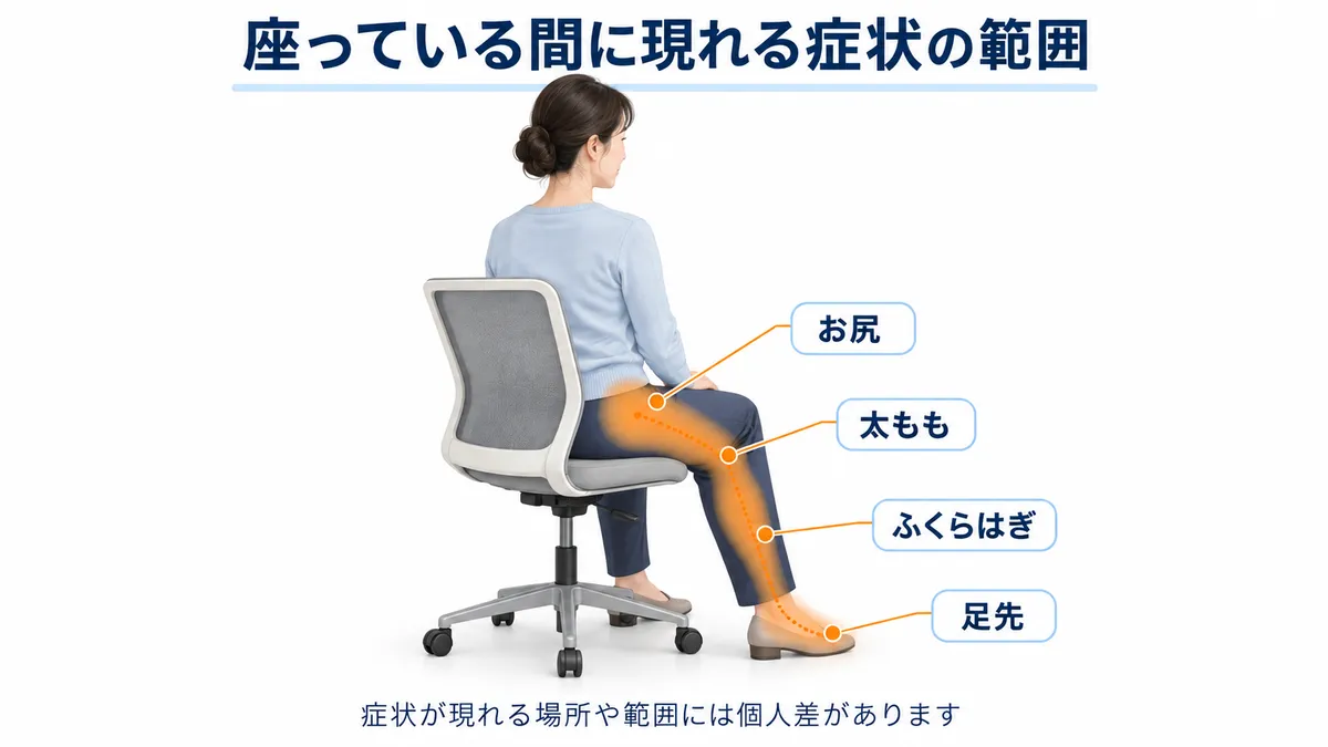 椅子に座る女性の臀部から太もも、ふくらはぎ、足先にかけて症状が現れる範囲を示した図