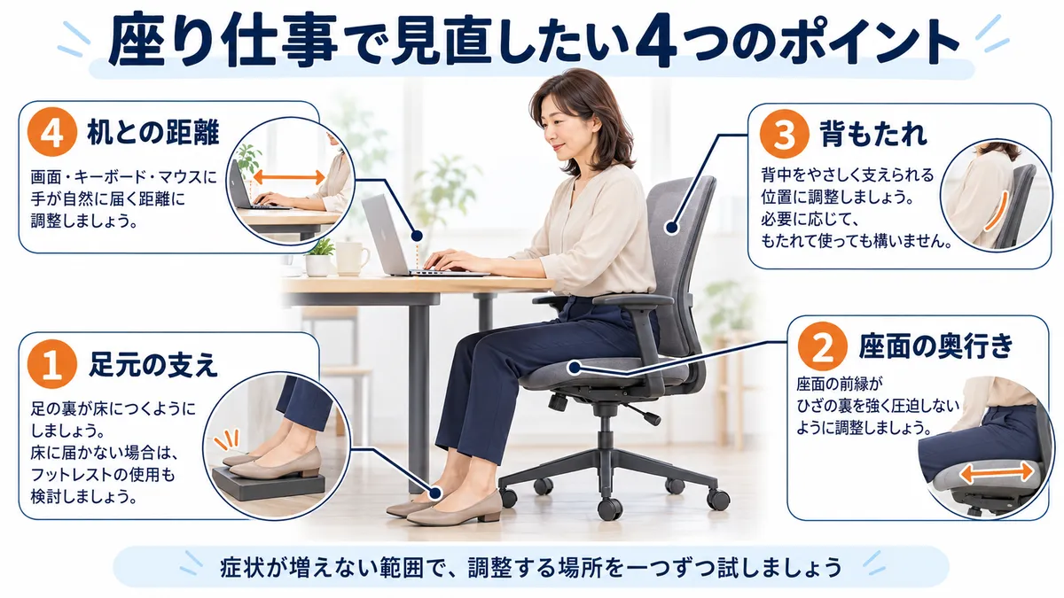 デスクワーク中の足元、座面の奥行き、背もたれ、机との距離を調整する4つのポイント