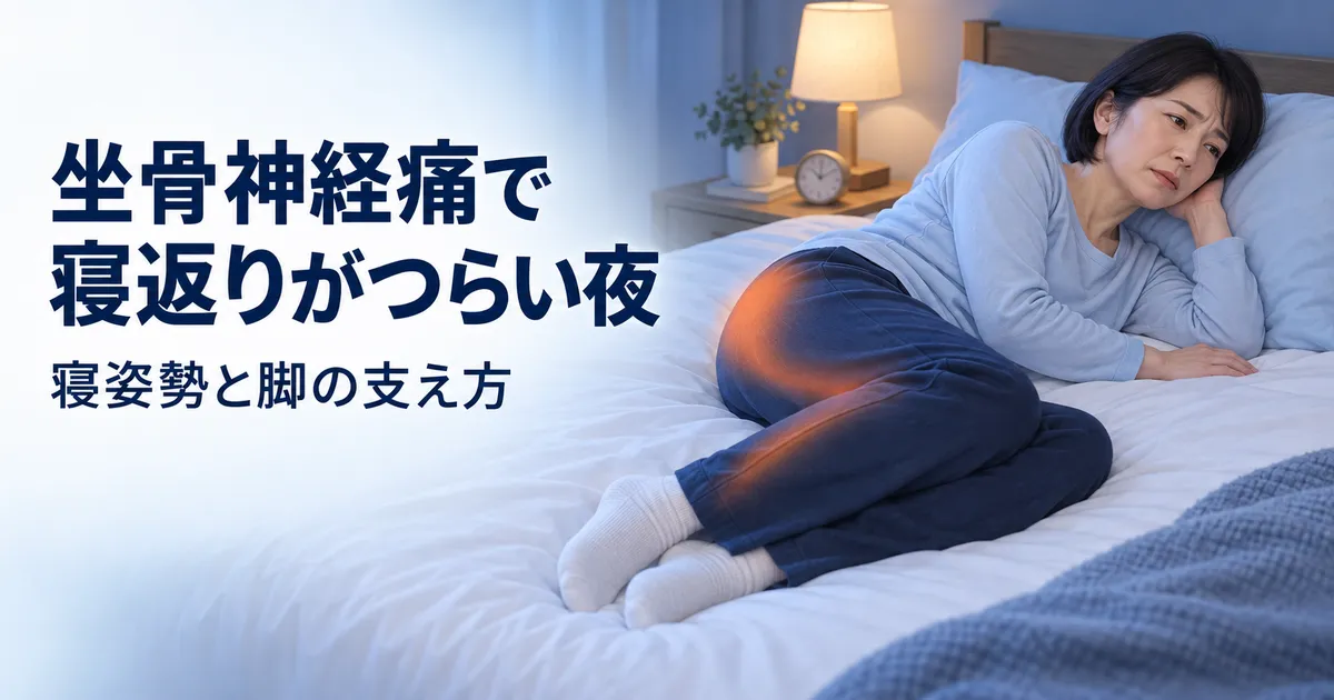 夜間に寝返りをしようとして、お尻から脚の痛みに困っている女性のイラスト