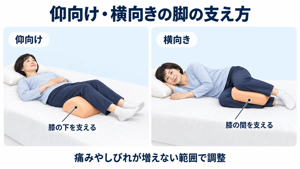 仰向けで膝の下を支える寝方と、横向きで膝の間にクッションを入れる寝方の比較図