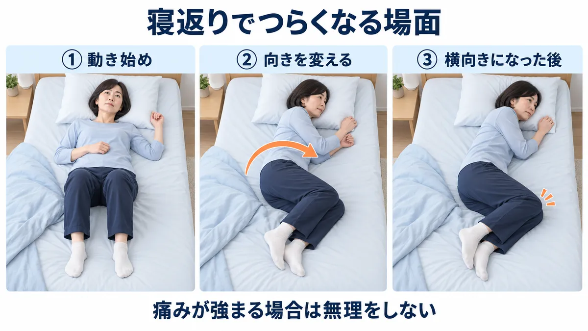 寝返りの動き始め、身体の向きを変える途中、横向きになった後の3段階を示した図