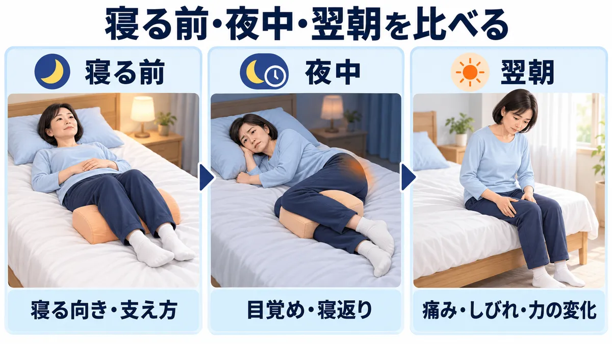 坐骨神経痛で寝る前・夜中・翌朝の痛みやしびれの変化を振り返る3場面の図