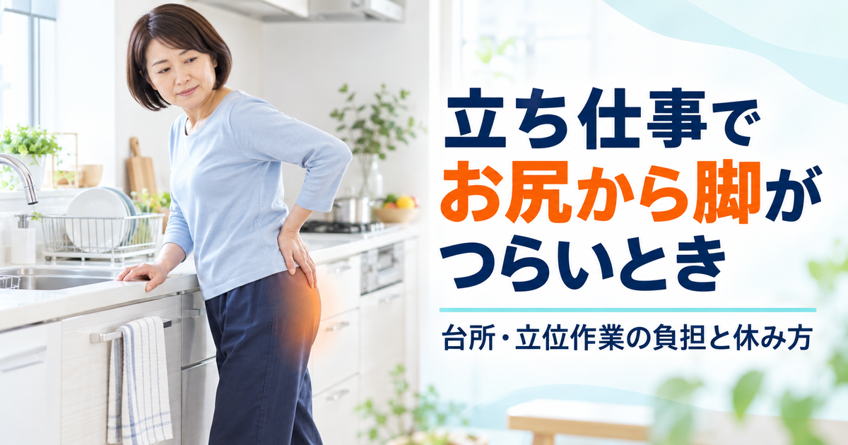 台所で立ち仕事を続け、お尻から脚に痛みやしびれを感じている女性