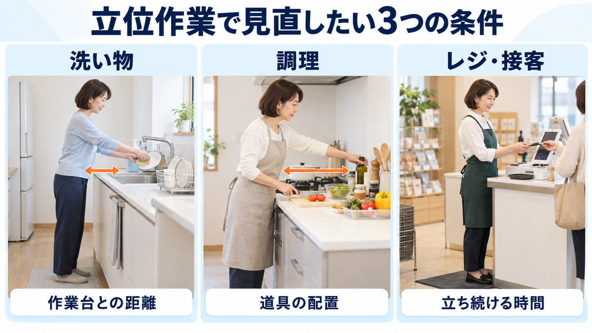 洗い物・調理・レジ業務における作業台との距離、道具の配置、立位継続時間を比較した図