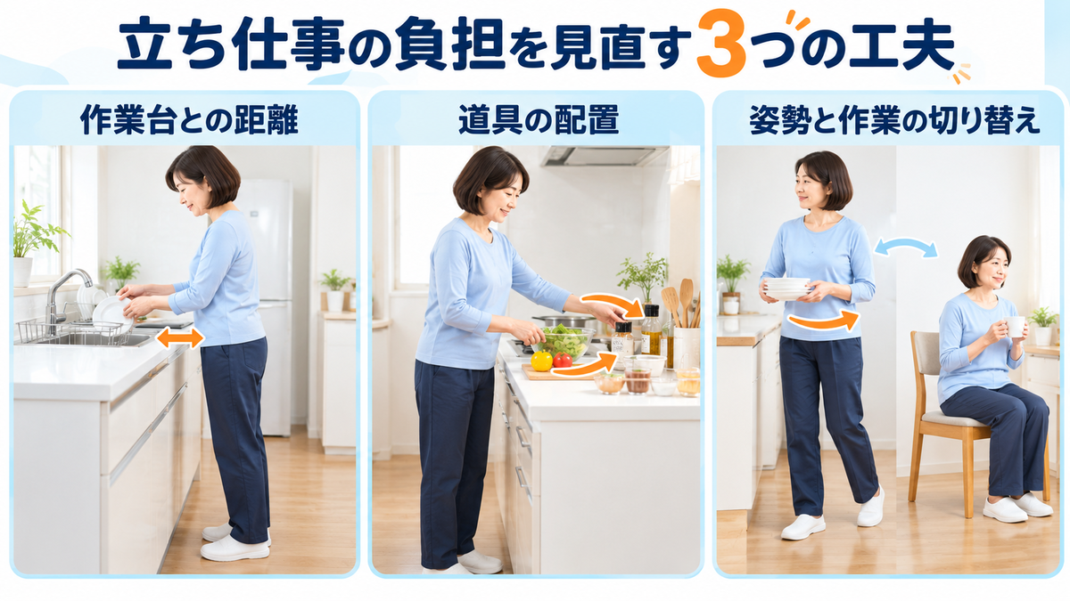 台所での立ち仕事について、作業台との距離、道具の配置、姿勢や作業の切り替えを示した図