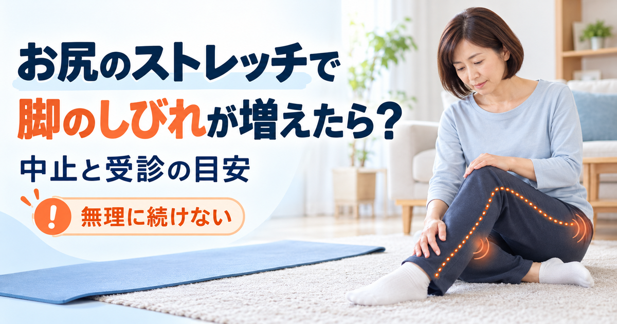 お尻のストレッチを中断し、脚のしびれの変化を気にする女性