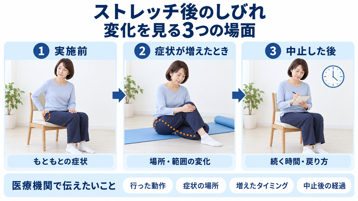 お尻のストレッチ前、症状が増えたとき、中止後の脚のしびれの変化を観察する3場面の図