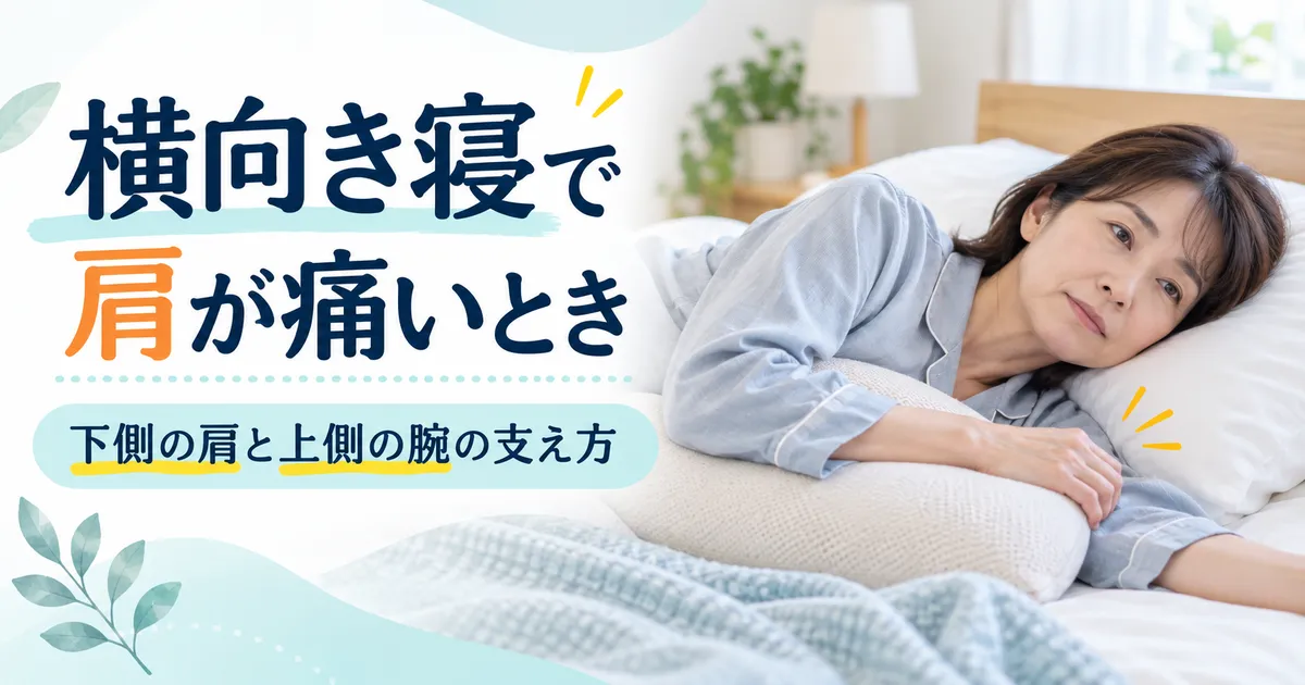 横向き寝で下側の肩への圧迫と上側の腕をクッションで支える様子