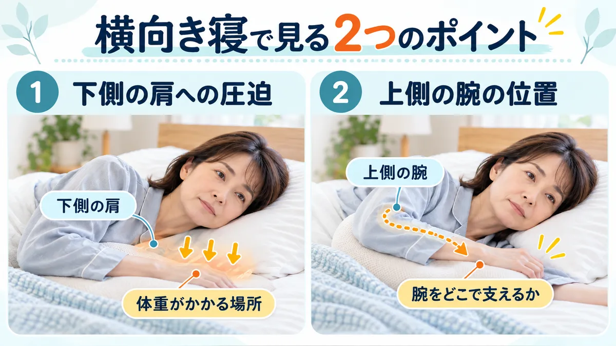 横向き寝で下側の肩への圧迫と上側の腕の位置を分けて示した図
