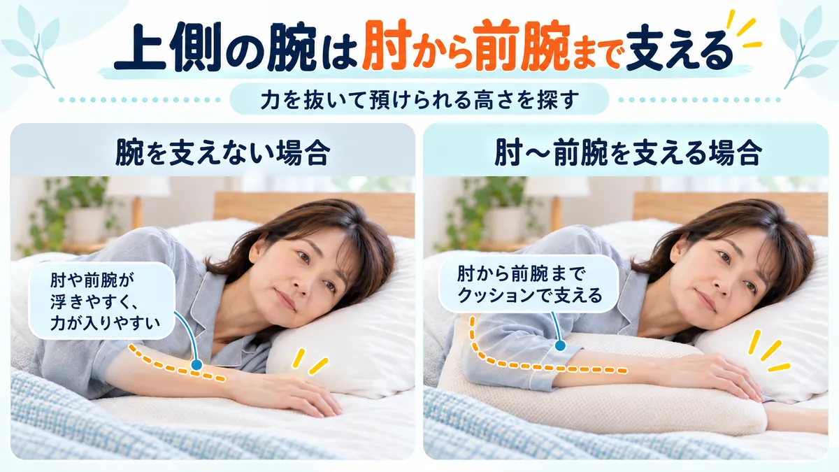 横向き寝で上側の腕を支えない状態と肘から前腕をクッションで支える状態の比較