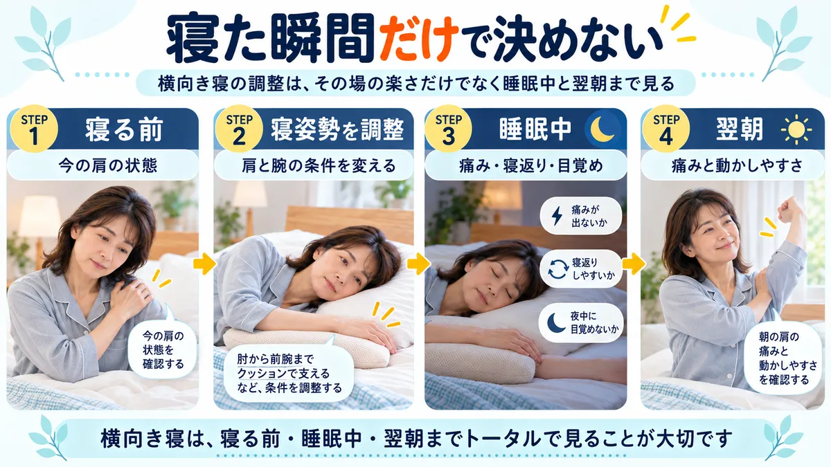 横向き寝を調整したあと寝る前から睡眠中と翌朝まで肩の状態を見る流れ