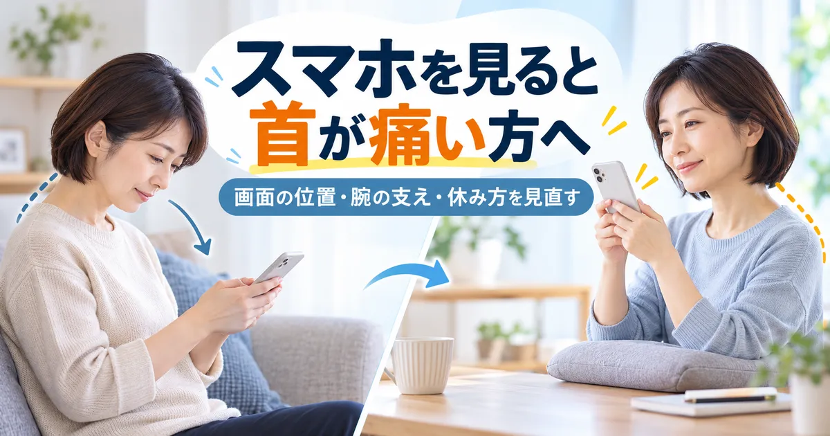 スマホの画面位置と腕の支え方を変えて首への負担を見直す日本人女性の比較イメージ