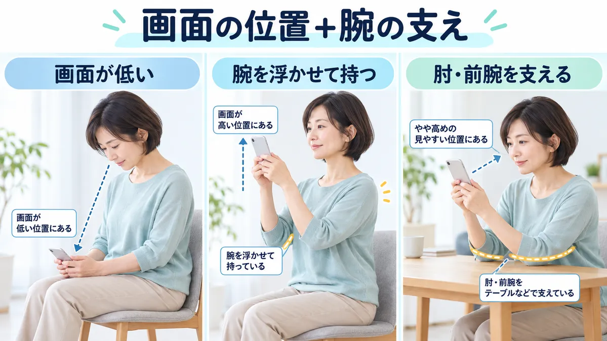 スマホを低く見る状態、腕を浮かせて高く持つ状態、肘や前腕を支える状態を比較した図