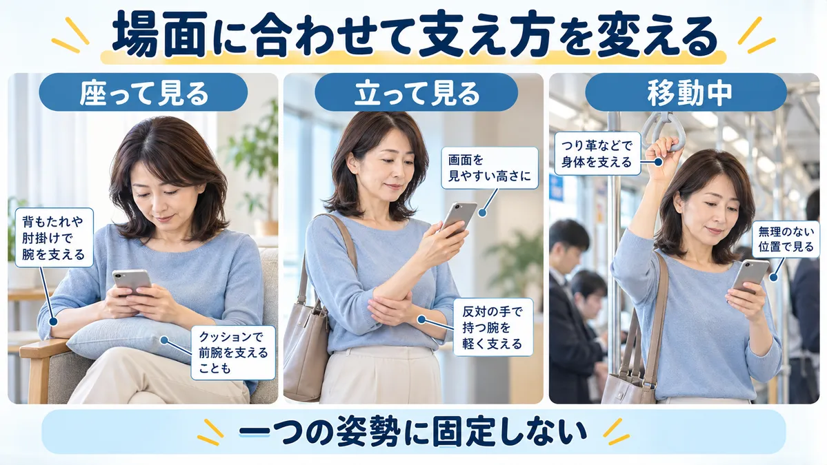 椅子で座る場面、立っている場面、電車内でスマホを見るときの腕や身体の支え方の違い