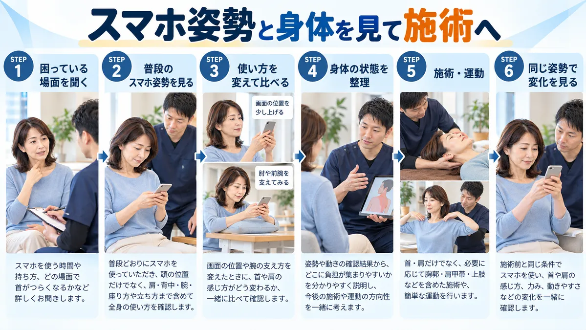 スマホ使用時の首のつらさについて話を聞き、姿勢と身体を見て、施術や運動後に同じスマホ姿勢で変化を見る流れ