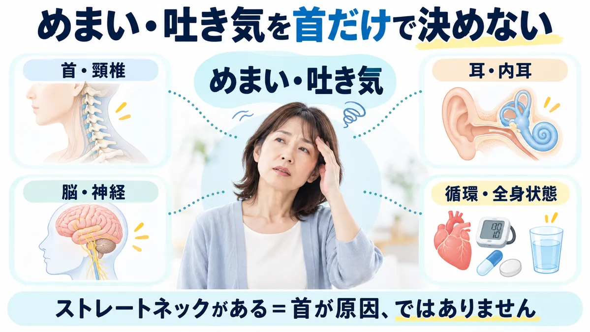 ストレートネックがあってもめまい・吐き気は首だけでなく耳・脳神経・循環なども考えることを示す図