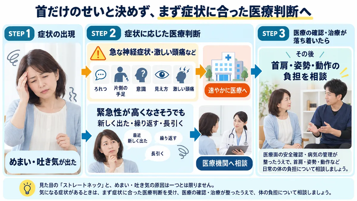 めまい・吐き気の急な神経症状では救急を優先し、新規・反復・長引く症状では医療相談を考える流れ