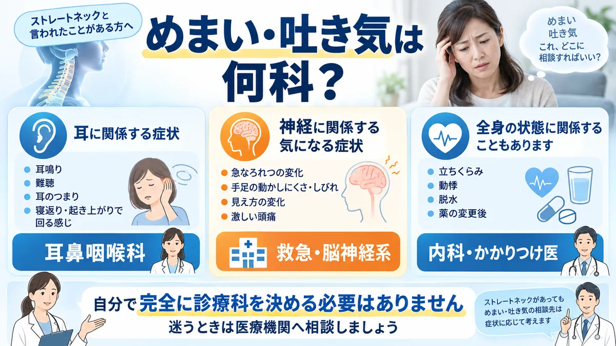めまい・吐き気に耳症状、神経症状、立ちくらみなどが伴う場合の相談先を耳鼻咽喉科・脳神経系・内科に整理した図