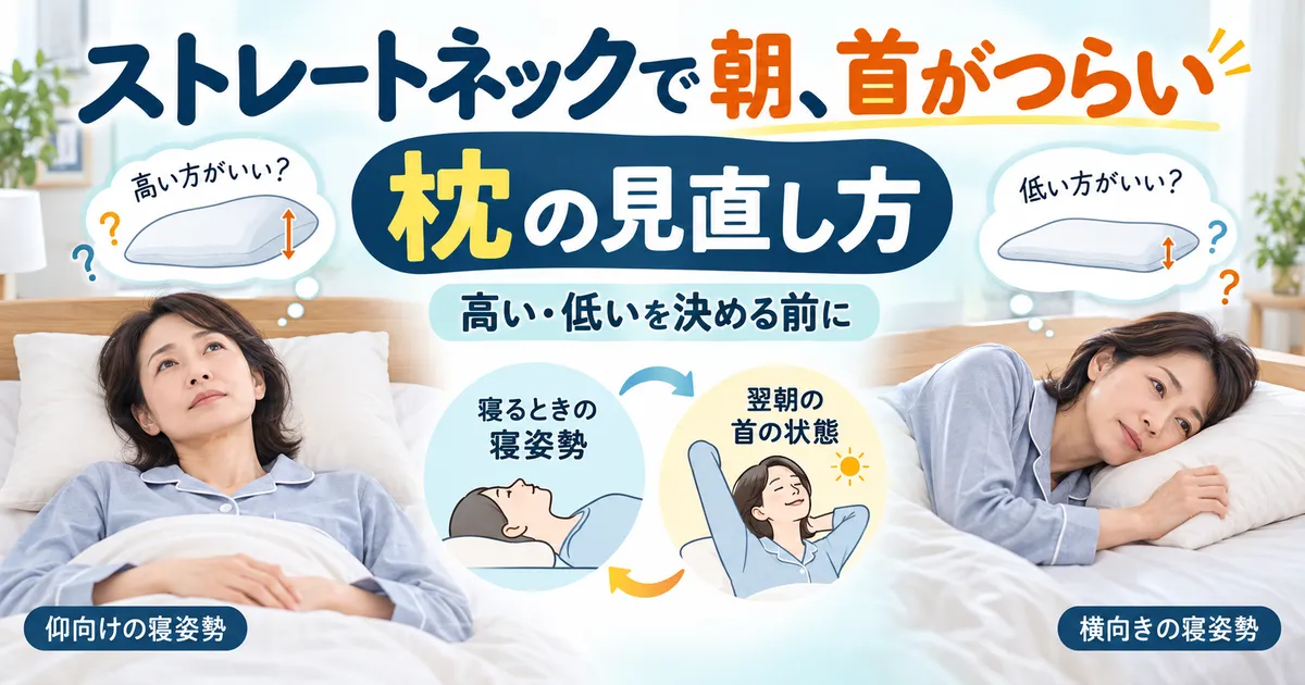 ストレートネックで朝に首がつらい女性が仰向けと横向きの寝姿勢から枕を見直すイメージ