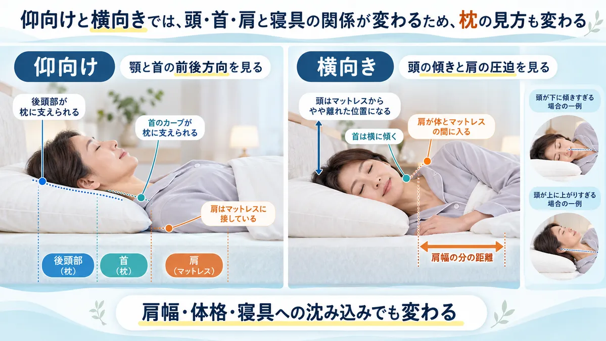 仰向けで枕の高さによって頭と首の支え方が変わる3つの条件を比較した図