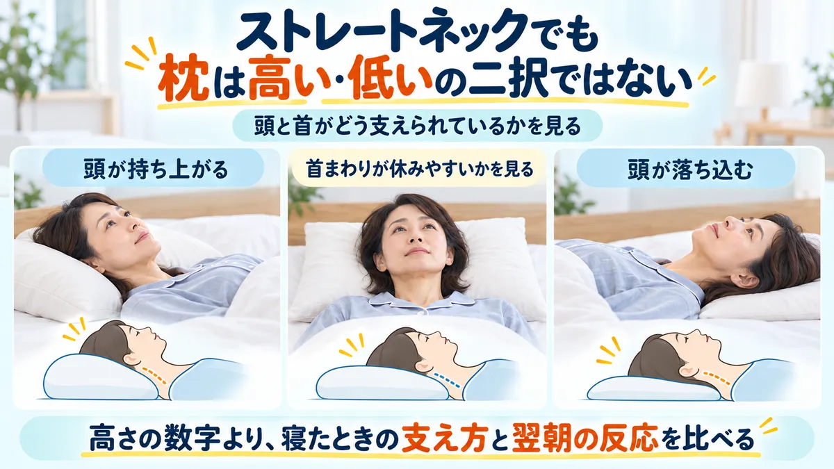 仰向けと横向きで頭と首、肩、枕の支え方が変わることを比較した図
