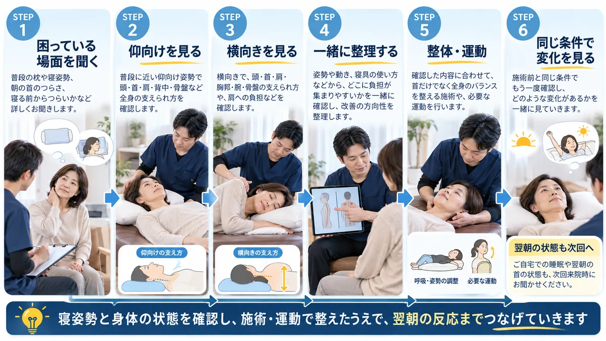 墨東メディカル整体院で枕と寝姿勢を聞き、仰向けと横向きの身体を見て施術後と翌朝の変化につなげる流れ