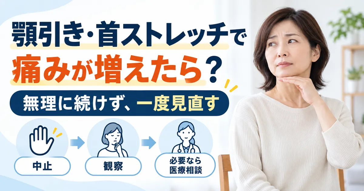 顎引きや首ストレッチで首の痛みが増えたときに無理に続けず見直すことを示すアイキャッチ