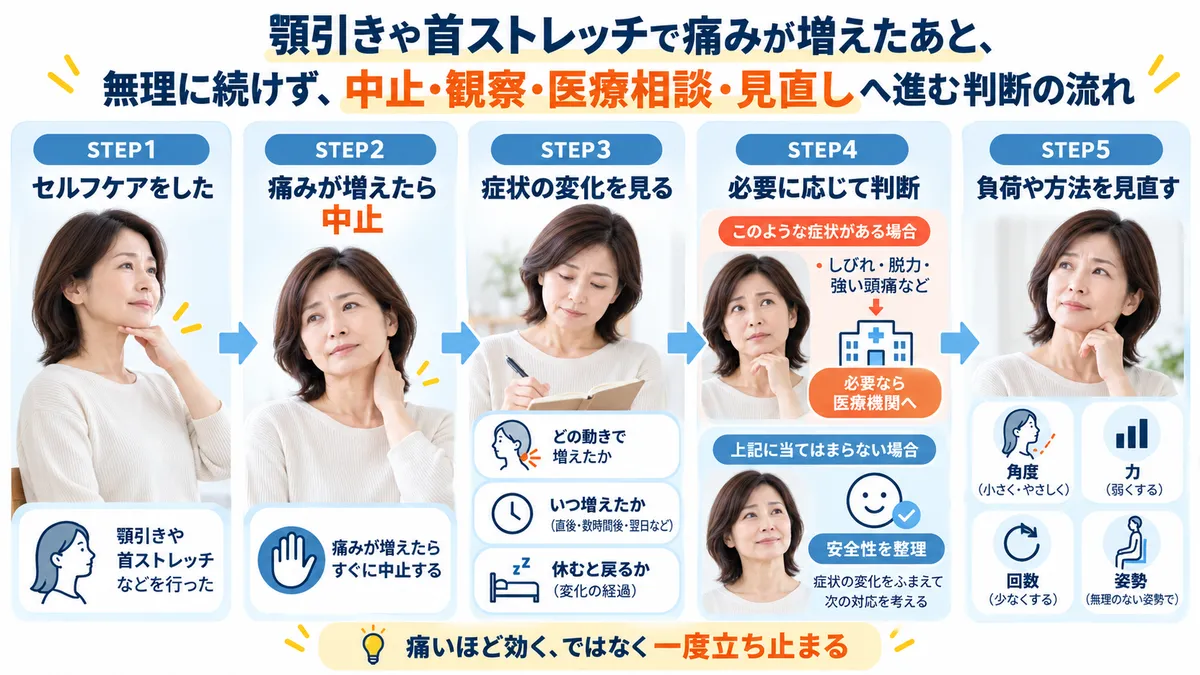 顎引きや首ストレッチで痛みが増えた後に中止し、症状を見て必要なら医療相談や見直しへ進む流れ