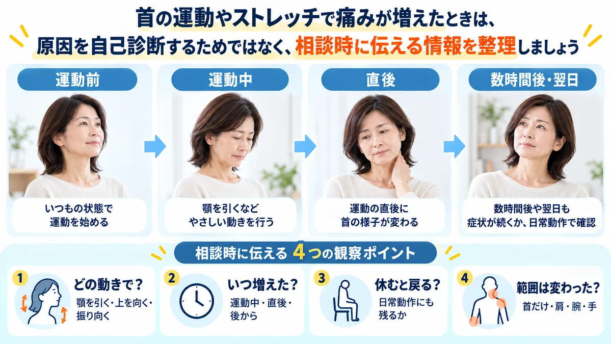 首のストレッチ後の症状を運動前・運動中・直後・その後の時間軸で整理する観察ポイント